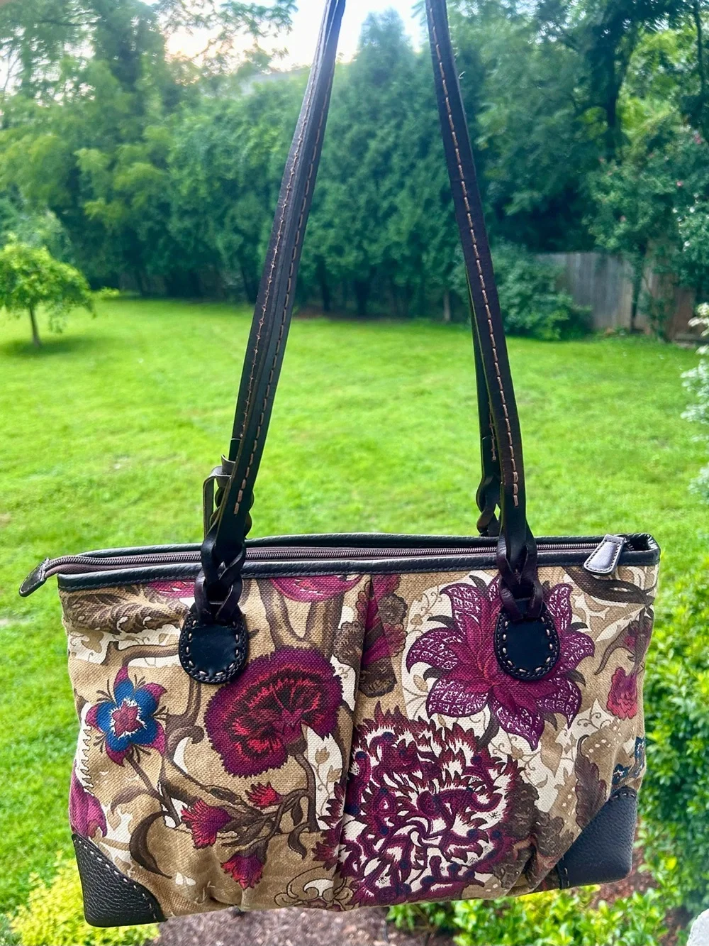 Brighton Floral Tapestry Leather Shoulder Bag Tote Silver Heart Charm